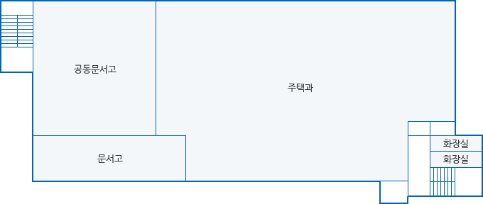 제2청사 2층 안내도. 우측 계단으로 올라오시면 우측에 화장실, 화장실이 있고 정면으로 주택과, 문서고, 공동문서고가 있습니다.