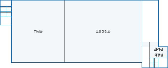 제2청사 3층 안내도. 계단으로 올라오시면 우측에 화장실, 화장실이 있으며  정면으로 교통행정과, 건설과와 좌측엔 계단이 있습니다.