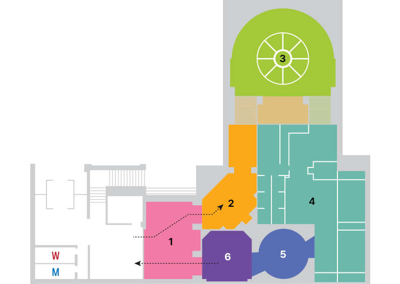 시설안내 도면으로 입구에서 전면으로 상징도입부, 좌측으로 백제고분 개관, 입점리 1실, 우측으로 체험공간, 종합 영상실, 입점리 2일
