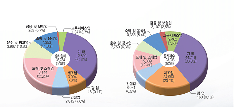 총사업체 36,734 (100%) 도매 및 소매업: 8,144 (22.2%), 제조업: 3,004 (8.2%), 건설업: 2,812 (7.6%), 운수 및 창고업: 3,967 (10.8%), 숙박 및 음식업: 4,353 (11.8%), 금융 및 보험업: 259 (0.7%), 교육서비스업: 1,377 (3.7%), 광업: 16 (0.1%), 기타: 12,802 (34.9%) 종사자수 123,933 (100%) 도매 및 소매업: 15,309 (12.4%), 제조업: 24,993 (20.2%), 건설업: 8,081 (6.5%), 운수 및 창고업: 7,750 (6.3%), 숙박 및 음식업: 10,355 (8.4%), 금융 및 보험업: 3,107 (2.5%), 교육서비스업: 9,462 (7.6%), 광업: 160 (0.1%), 기타: 44,716 (36.0%)