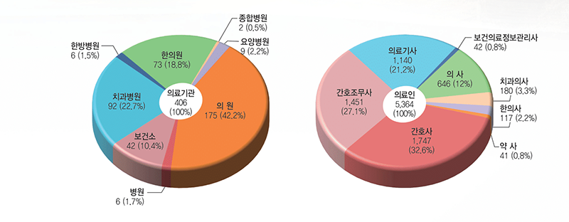 의료기관 406(100%) - 의 원 175 (42.2%), 병원6 (1.7%),보건소 42 (10.4%),  치과병원 92 (22.7%), 한방병원6 (1.5%), 한의원 73 (18.8%), 종합병원2 (0.5%), 요양병원9 (2.2%), 의료인 5,364(100%) - 의사 646 (12%), 치과의사 180 (3.3%), 한의사 117 (2.2%), 약사 41 (0.8%), 간호사1,747(32.6%), 간호조무사1,451(27.1%), 의료기사1,140(21.2%), 보건의려정보관리사 42(0.8%)