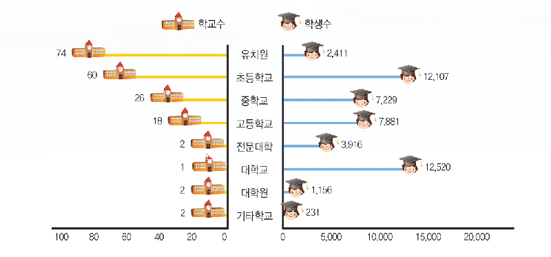 유치원 74개소/2,411명, 초등학교 60개소/12,107명, 중학교 26개소/7,229명, 고등학교 18개소/7,881명, 전문대학 2개소/3,916명, 대학교 1개소/12,520명, 대학원 2개소/1,156명, 기타학교 2개소/231명