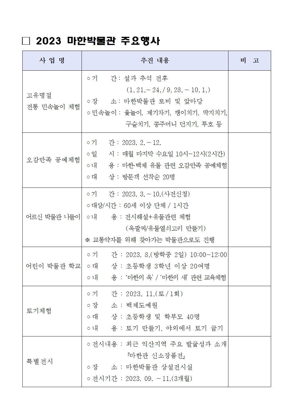 2023년 마한박물관 주요행사 안내1