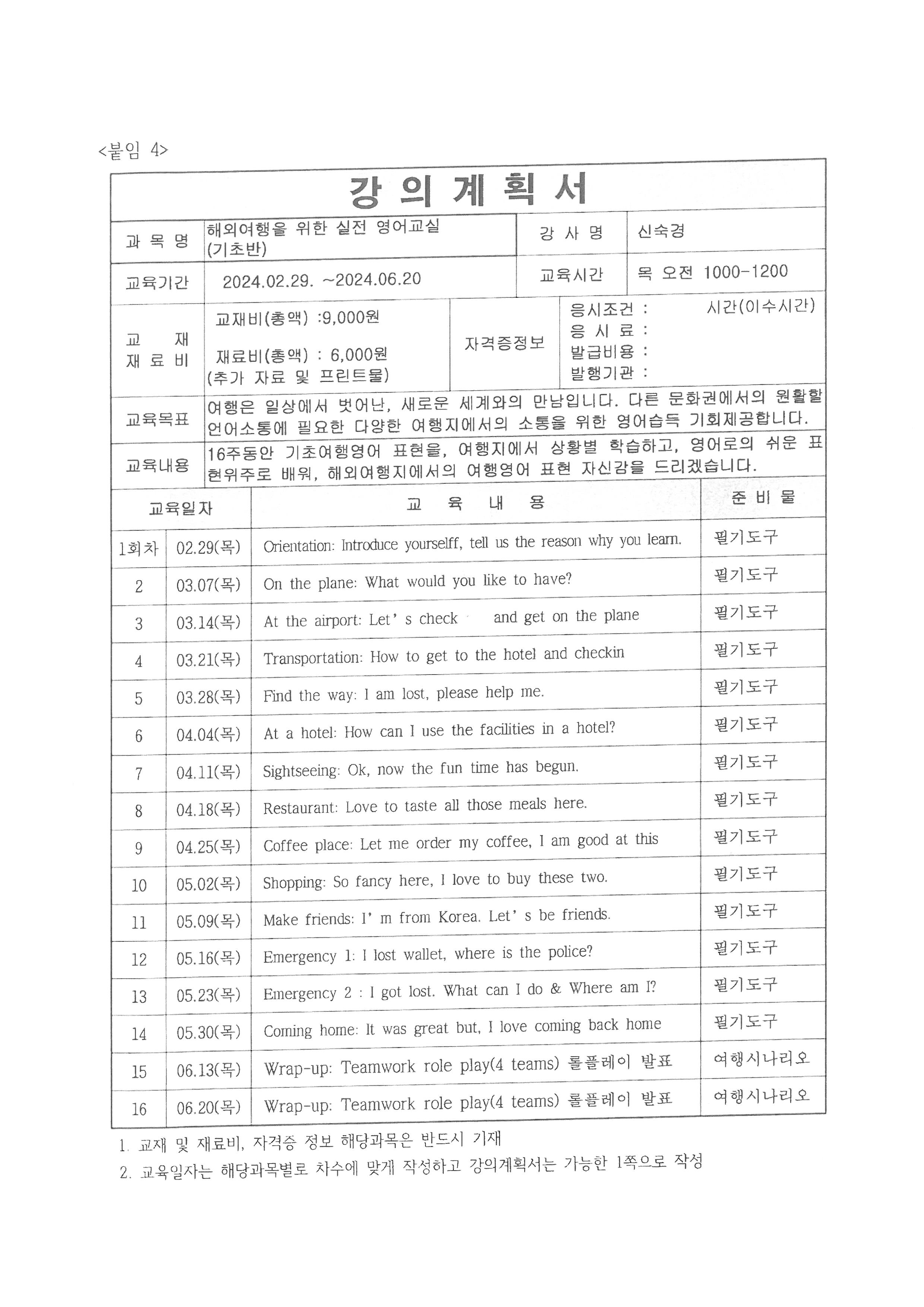 해외여행을 위한 실전 영어교실 (기초반)